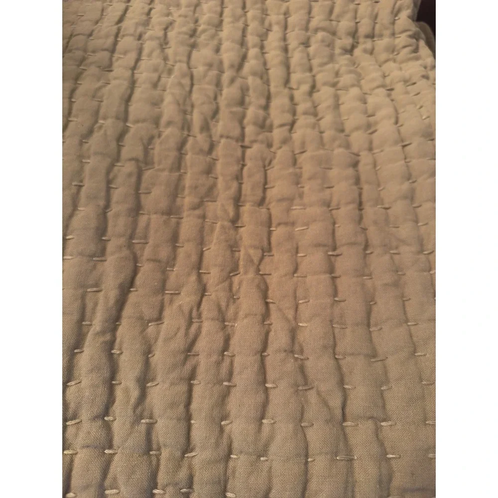 Pottery Barn Twin Pick Stitch Quilt Tan Khaki Cotton Linen Blend Bedding 3024577
